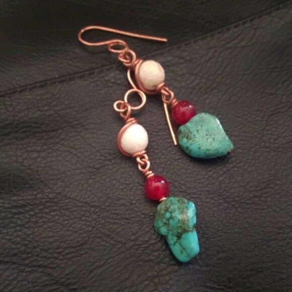 One-of-a-Kind! Beaded + Wire Wrapped Dangle Earrings! Turquoise Red Cream Copper - Picture 6 of 12